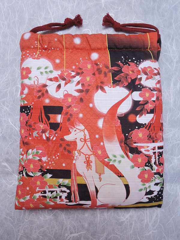 巾着「狐と椿」（狐口面用）